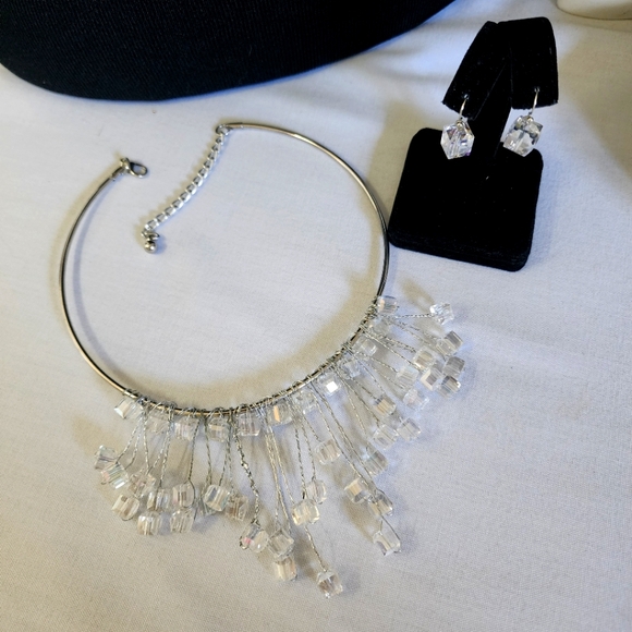 Silver Square Crystal and Wire Choker Necklace Earrings Set New - Picture 3 of 8